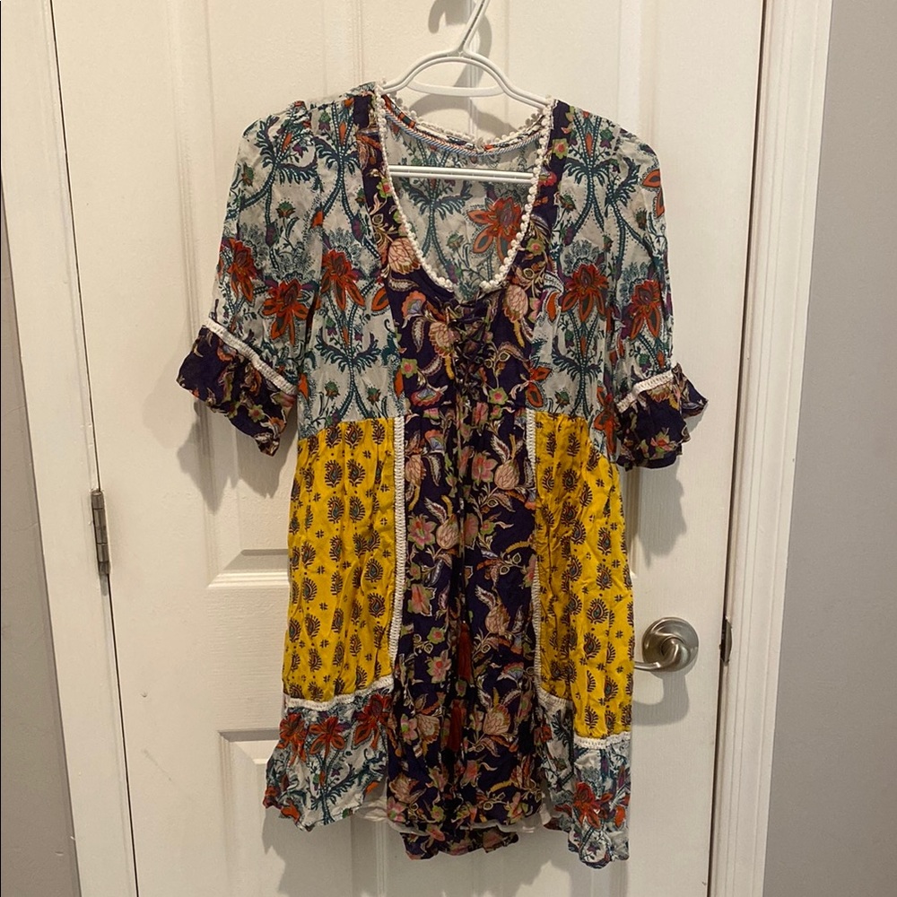 Anthropologie Floral Patchwork Mini Dress - Yellow, Navy, Cream
